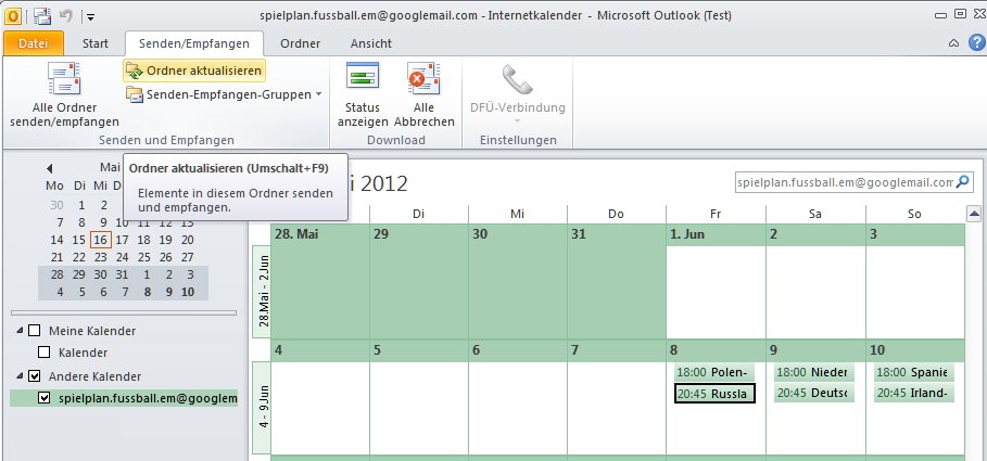 Outlook Kalender für Euro 2012 aktualisieren